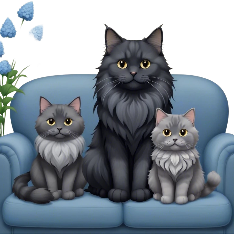 A large black smoke Maine Coon cat with long grey ear tufts and a fluffy grey ruff, sitting next to a chubby British Shorthair cat in blue color with plush fur, both sitting comfortably on a sofa. Beautiful room background with flowers and soft lighting. Transparent background. emoji