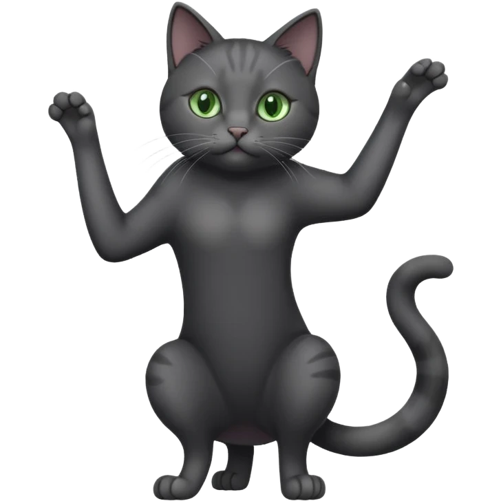 full body gorgeous solid dark grey cat with green eyes, white paws and white whiskers stretching emoji