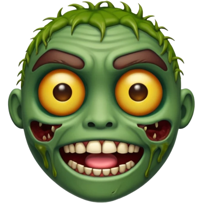 emoji de zumbi realista estilo 3D, pele verde podre, cicatrizes, olhos brilhando, expressão assustadora, fundo transparente emoji