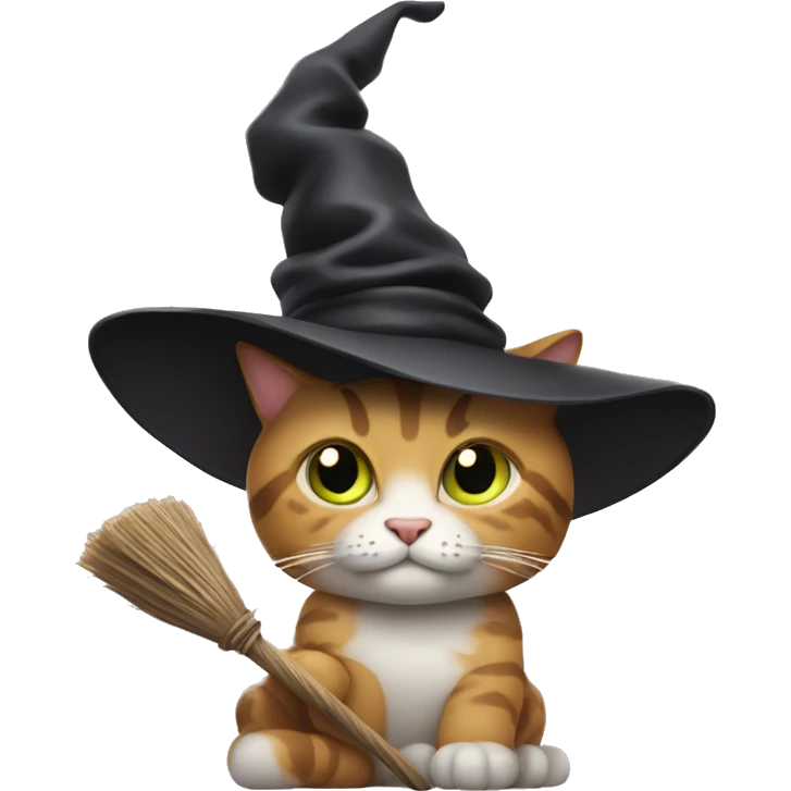 Cat wearing witch hat, holding a broom stick emoji