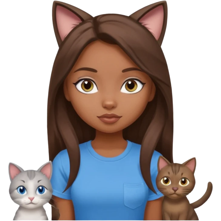 a pretty bratz dusky girl with long brown hair, blue eyes with six cats nd wearing a grey tshirt emoji