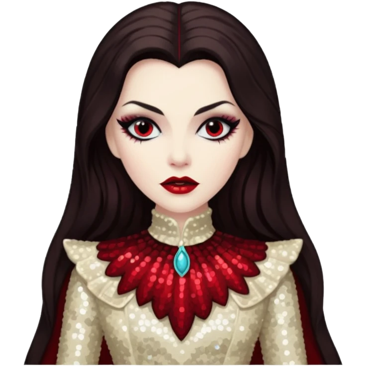 Countess Dracula with long dark brown hair, cream sequin outfit  emoji
