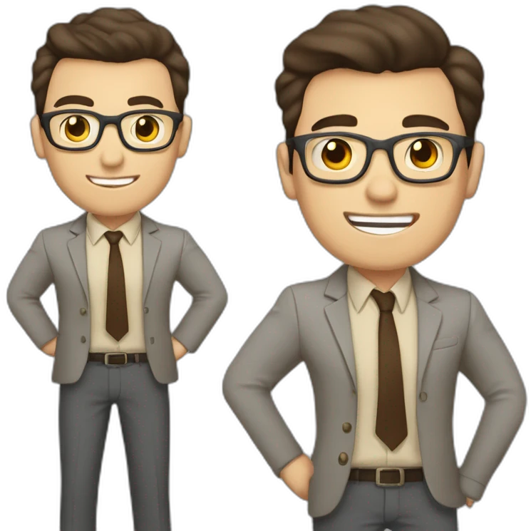 To belt Actively gesturing with hands Pale skinned fit man with dark brown hair in gray jacket, beige office shirt, brown tie, brown pants and vintage glasses. emoji