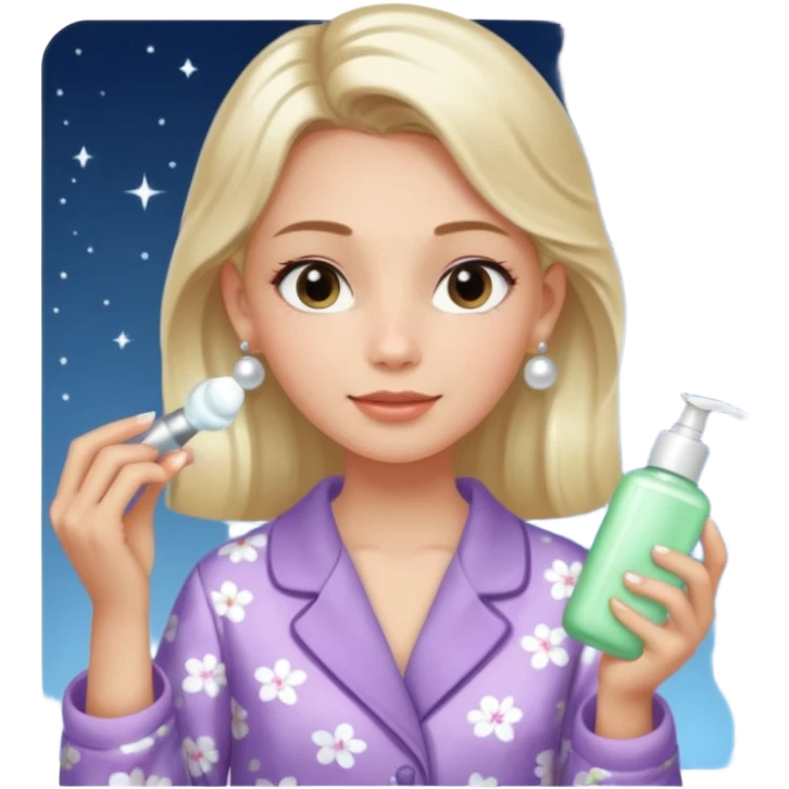 Clean girl aesthetic emoticons, apply skincare products, pearl earrings, glowing skin, pajamas, soft lighting emoji