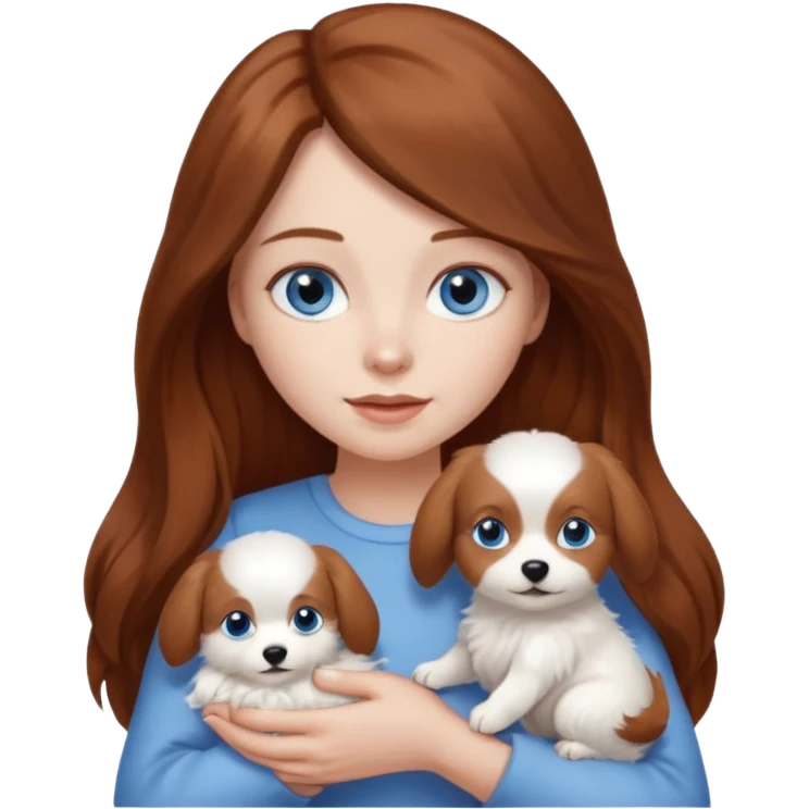long hair chestnut color blue eyes woman holding small plain white dog emoji