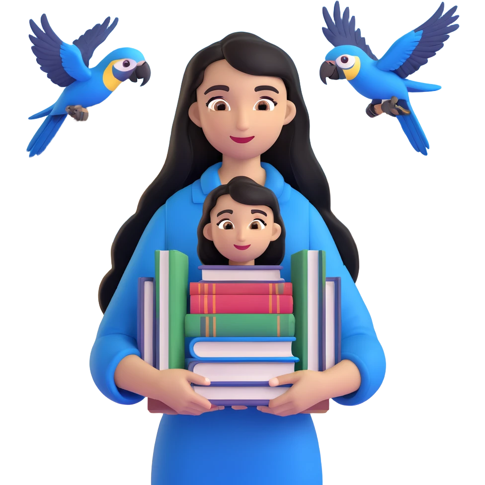 woman with long black hair and light brown skin, holding a stack of books in her arms, blue macaws flying around her, face as the focal point, with the arches of Atalaia Beach subtly in the background emoji