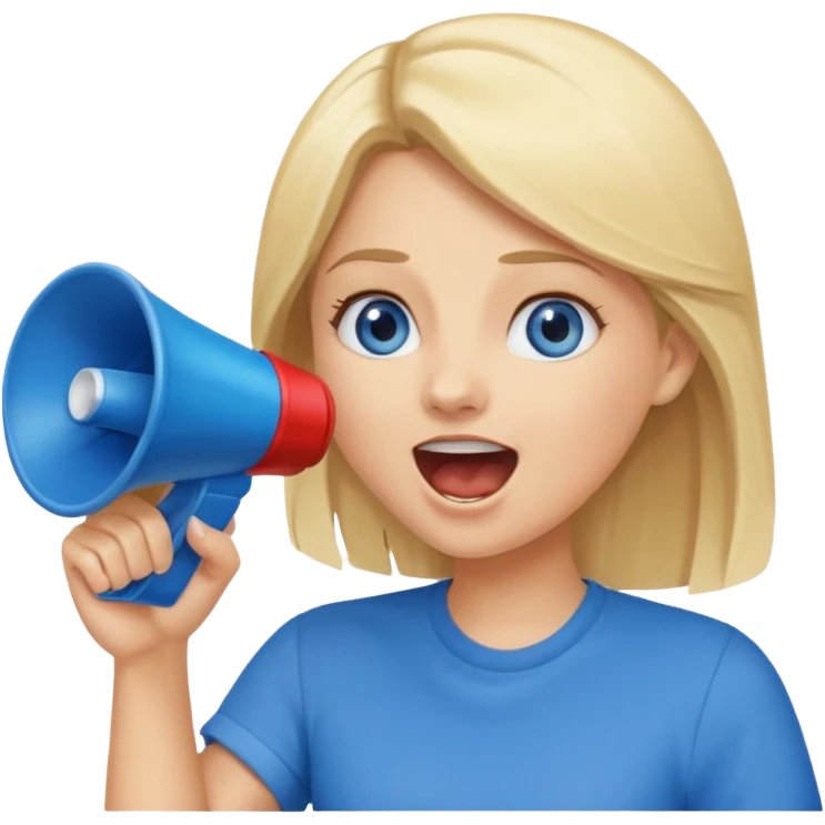  blue eyes blonde girl yelling into megaphone smiling emoji