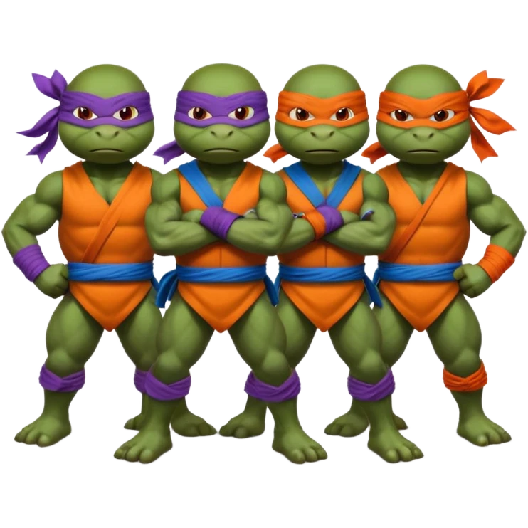 Give me a picture of 4 teenage mutant ninja turtles. Make them hold a fighting pose. Their bandana colors should be red, another orange, another purple, another blue. emoji