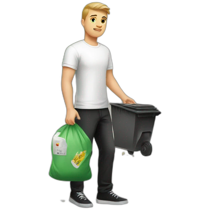Slavic guy in a white T-shirt and black trousers throws out garbage emoji