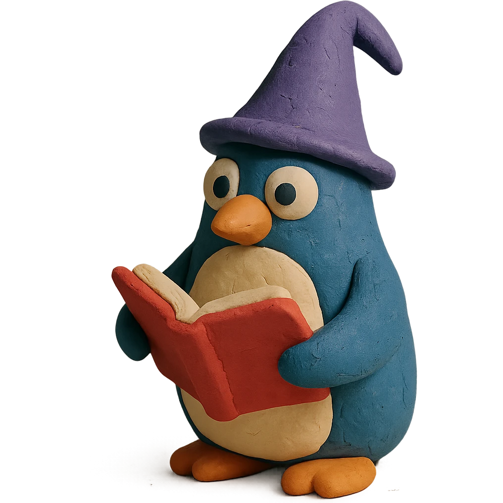 penguin wizard with a pointy hat and book emoji
