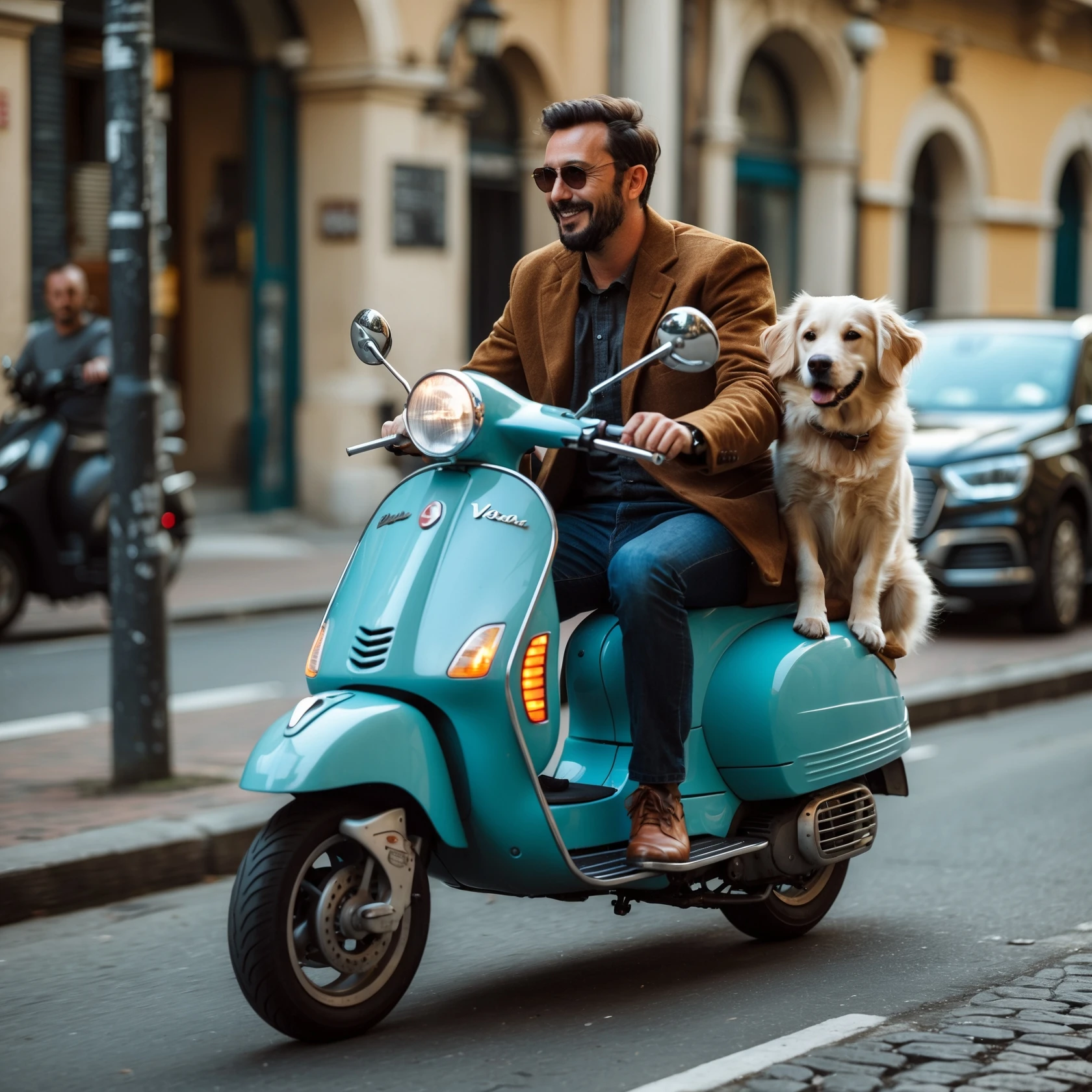 man and his pet dog riding a vespa emoji