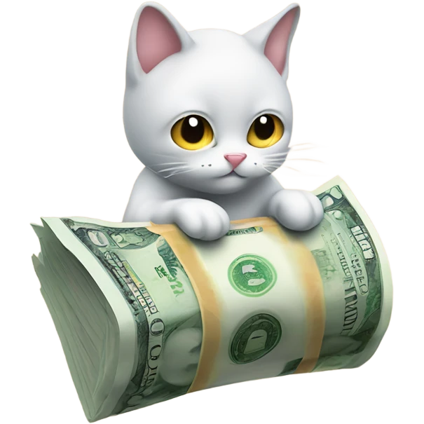 2D cartoon of cat riding banknote above financial graph emoji