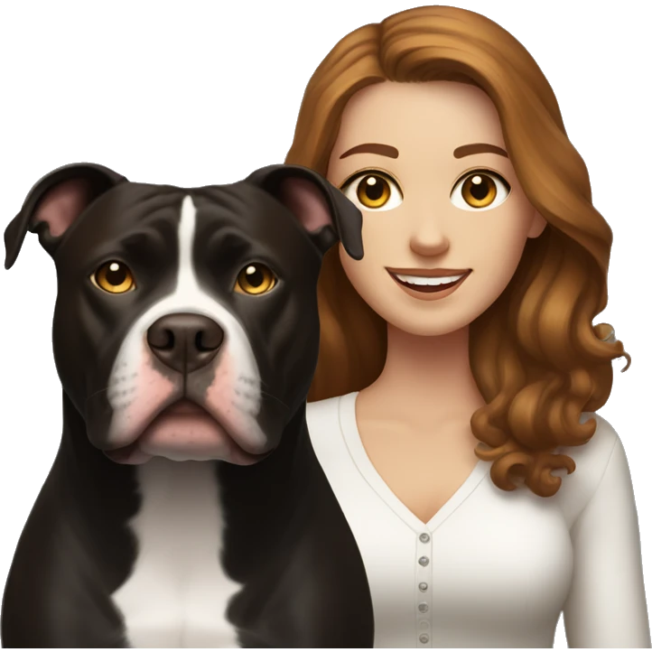 white woman with long brown hair and cat shaped eyes standing alongside a happy black pitbull  emoji