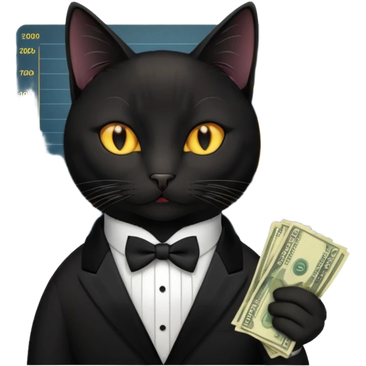 stock investing black and smart cat, with money and "stock charts" emoji