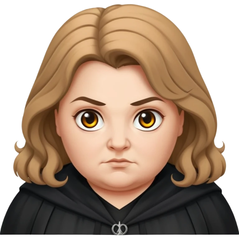 Alecto Carrow in harry potter, a woman fat, light brown knot tied hair, look evil, black cloak emoji