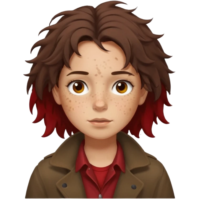 Hobo tomboy with light skin, freckles, dark brown shoulder-length hair in a messy style, brown eyes, dark brown coat, dull red shirt. emoji