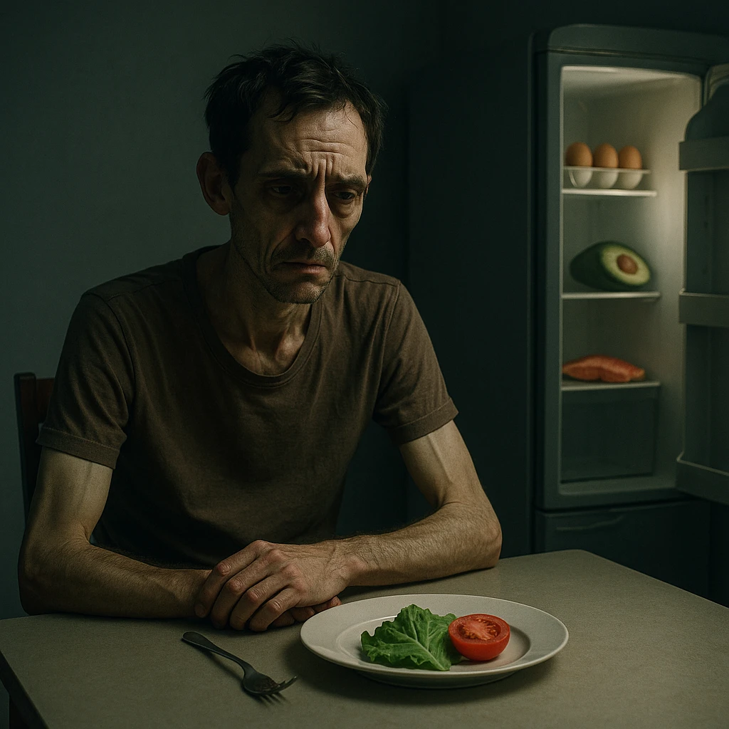 cinematic lighting, symbolic realism; thin, tired man at a minimalist kitchen table, plate with lettuce and tomato, frustrated and weary, sunken eyes, cold empty background, closed fridge with healthy foods (eggs, avocado, fish), expressive facial details, muted palette emoji
