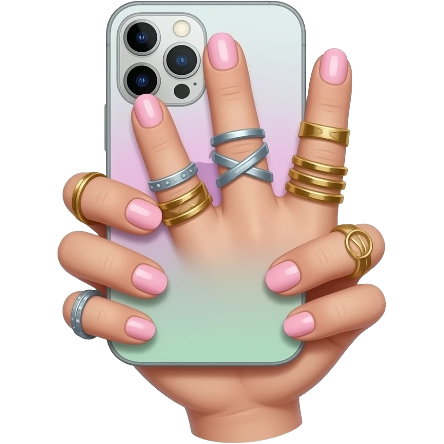 cute thin girl hand with pastel and pink modern y2k nails, rings, and accessories. holding iphone with screen upwards emoji
