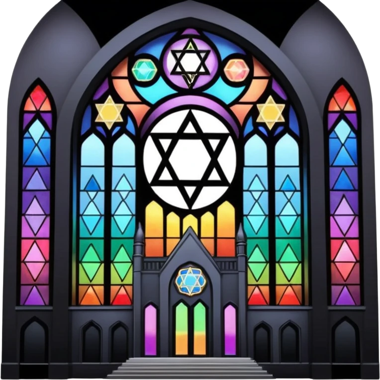 jewish synagogue temple in dark goth aesthetic style with black building and very light tint rainbow stained glass windows. and star of david and celestial symbolism emoji
