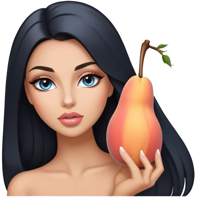 Glamours, tanned, very beautiful girl, with big pump peach-beige-rose lips, long long lashes, black straight smooth silky long hair, straight parting hair, blue-grey eyes emoji