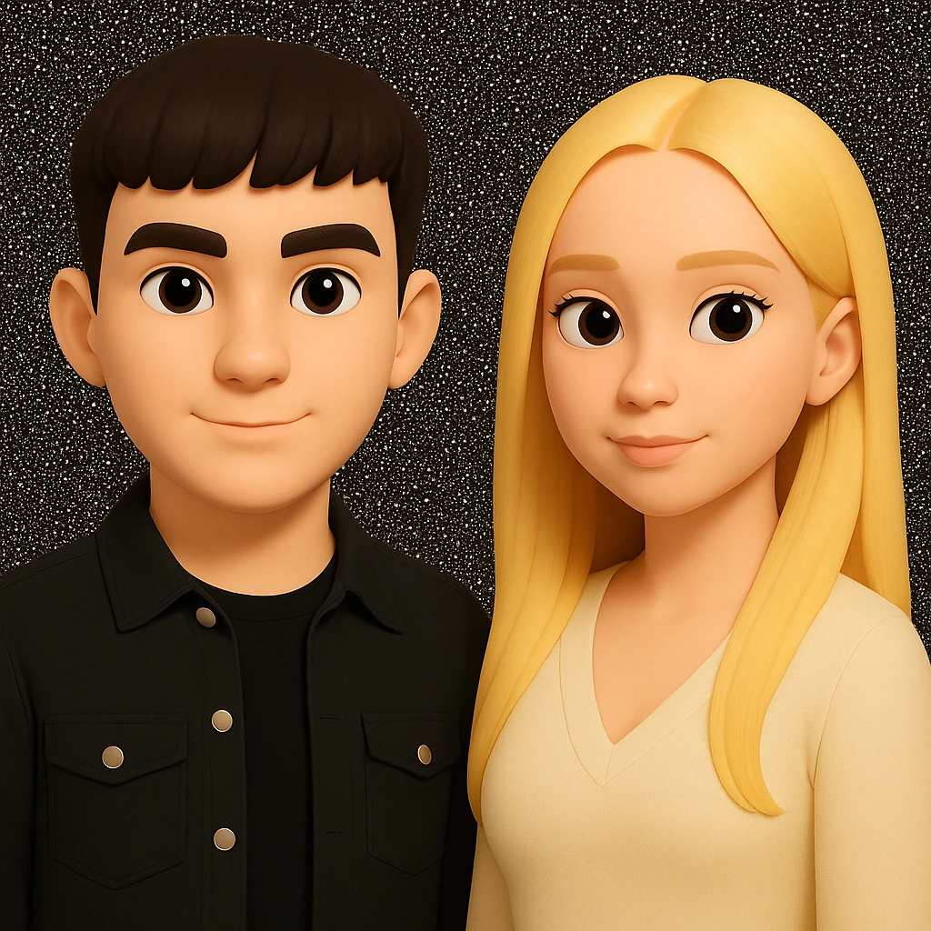 Slightly increase the volume of the upper body of the girl, significantly spread them apart from each other, make the skin color the same for both characters, while preserving the cartoonish 3D style as seen in the reference image. emoji