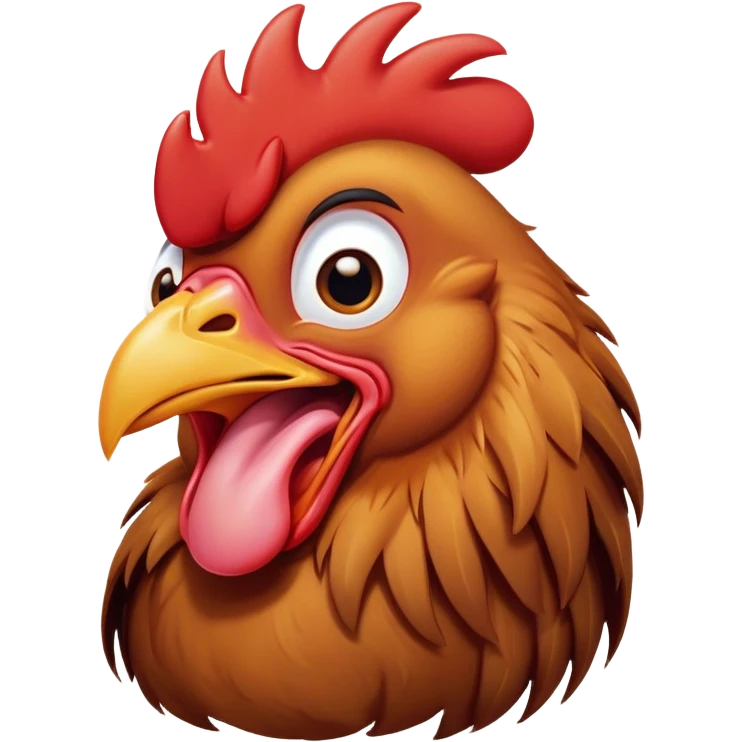 Cinematic Cute Yawning Brown Rooster Portrait Emoji, Head tilted slightly with a dramatic, wide-open yawn, showcasing a soft, downy brown plumage with a subtle red comb and drooping wings, round warm eyes barely open in drowsy contentment, Simplified yet irresistibly adorable features, highly detailed, glowing with a soft, cozy glow, high shine, relaxed yet expressive, stylized with a touch of whimsy, bright and endearing, soft glowing outline, capturing the essence of a sleepy yet affectionate rooster, so drowsy it feels like it could stretch out of the screen and curl up for a nap! emoji