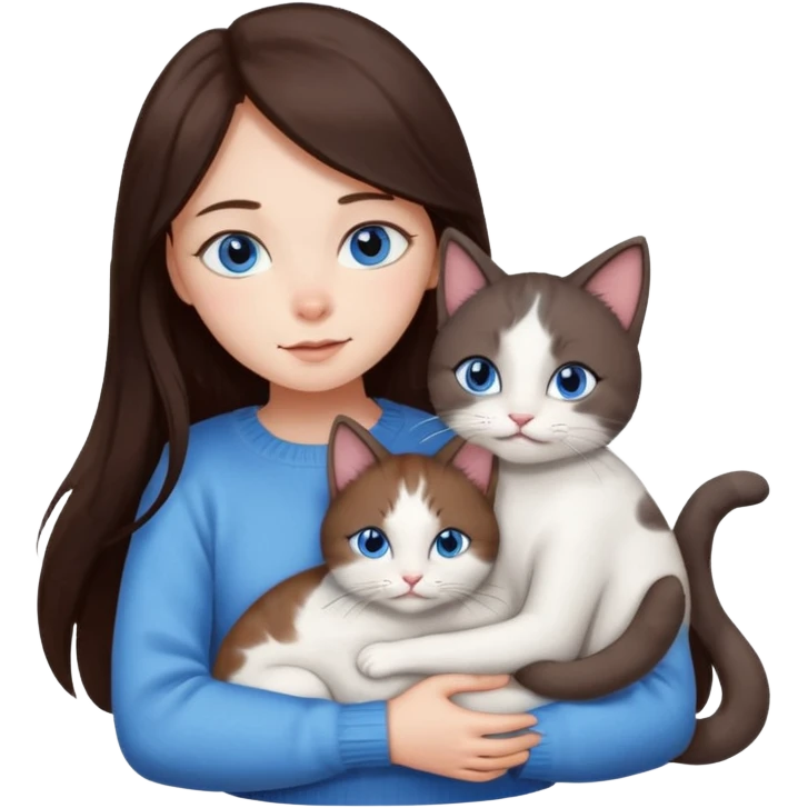 a girl with long dark 
brown hair, with blue eyes, in a
white sweater, hugs 3 different natural coloured cats emoji