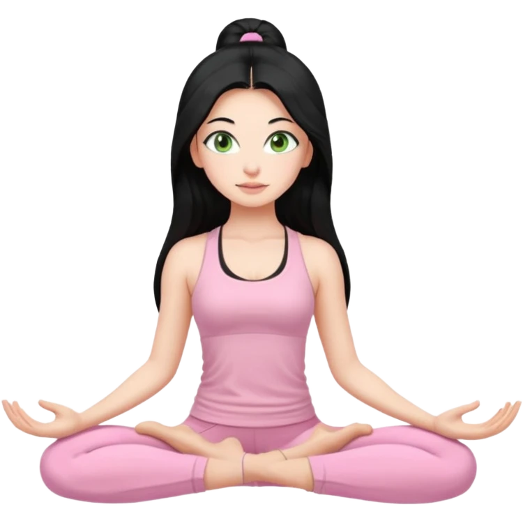 Girl with super long black hair with light green eyes doing yoga with light pink clothes emoji