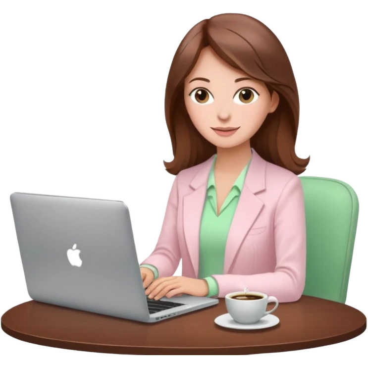  woman character dressed in pastel light pink with laptop and coffee relax table, dollars are floating, white laptop, brownn hair, fair skin,  emoji