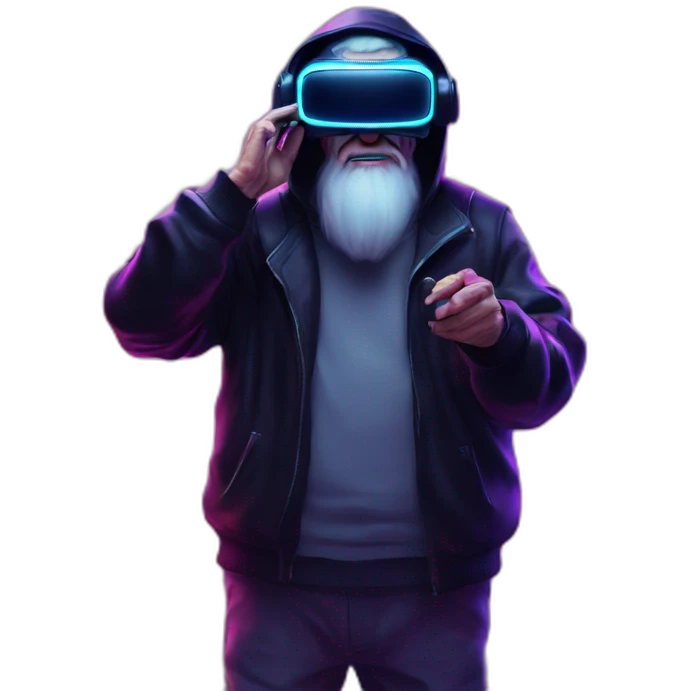 Russian old man wearing a black hoodie with "OMG" letters on it and VR headset in a cyberpunk VR environment with violet neon lighting. emoji