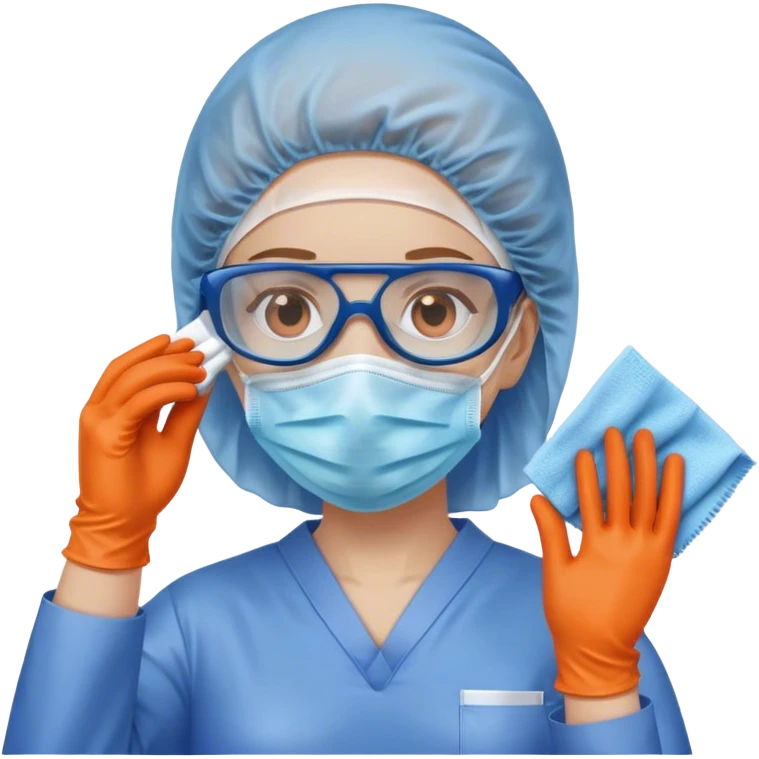 A meticulous cleanroom worker dressed in full protective gear, including a blue sterile suit, a face mask,  and orange gloves.  cleaning glasses with a wipe emoji