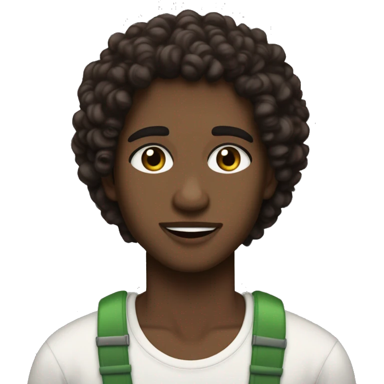 curly hair dark brown, brown eyes with a hint of green, eyes negative canthal tilt ,medium thick shaped eyebrows in dark brown, and thin lips, white face emoji