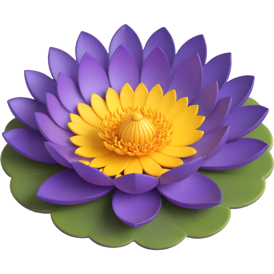 Realistic deep purple lotus flower with detailed layered petals and yellow stamens, floating on authentic lotus pad with characteristic notch and bowl shape emoji