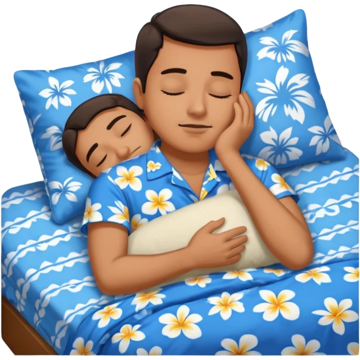Guy wearing blue Hawaiian shirt sleeping in bed alone emoji