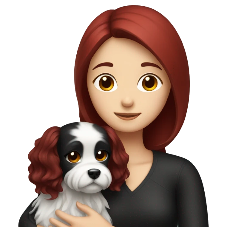 Dark red hair girl hugs  her maltese black dog emoji