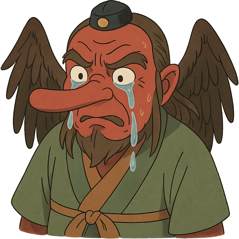 ghibli style tengu with red face and long nose, tears streaming down emoji