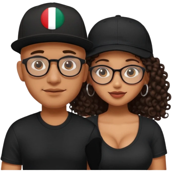 A picture of an embracing tanned couple. the man is a Mexican man with tanned skin, with a bald hair cut wearing a SnapBack hat and a black shirt. the woman is mixed, with long curly dark brown hair and with big boobs and eyeglasses  emoji