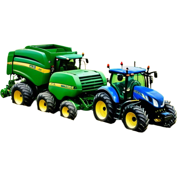 Baler – New Holland Roll-Belt 560 (2018) – Cinematic-realistic John Deere 6155M tractor towing a New Holland Roll-Belt 560 baler, its deep green body contrasting with the bright blue baler. The massive machine moves steadily through golden fields, compressing freshly cut hay into tight round bales, while dust swirls under the blazing afternoon sun. emoji