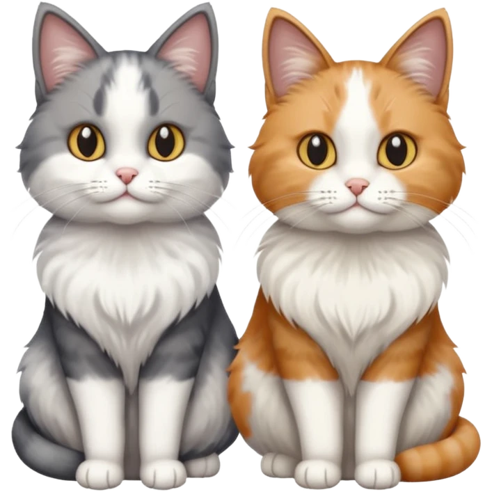 a realistic looking very fluffy grey and white cat sitting next to another cat emoji