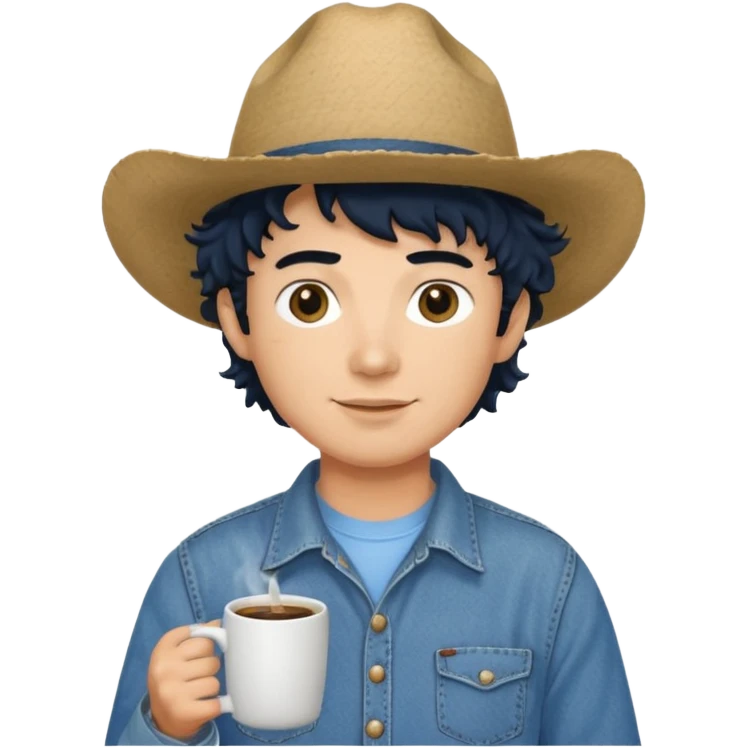 Ranch hand with blue hat and coffee mug, curly black hair emoji