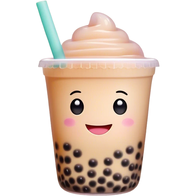 Cinematic pastel-colored bubble tea, chubby cup with a smiling face, tiny black tapioca pearls peeking out, soft glowing background, playful and adorable. emoji