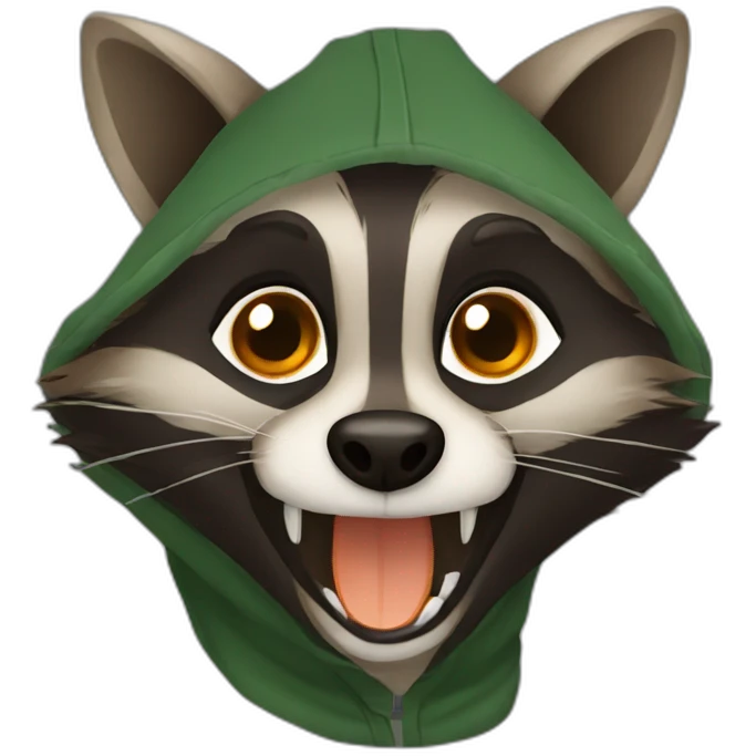 brown raccoon with orange eyes and a dark green hood that is laughing emoji
