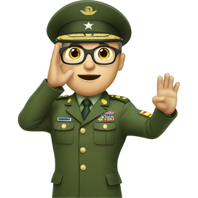 Military commander in green uniform and glasses that salutes with right hand and typing on a keyboard with left hand emoji