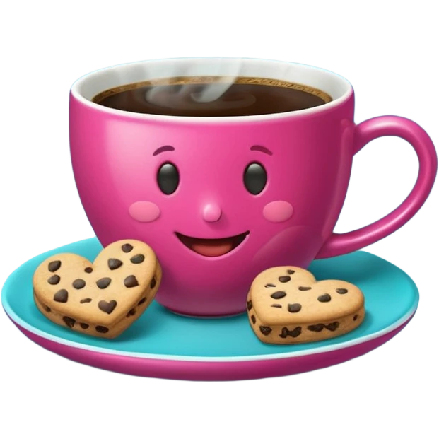 cup of coffee, steaming, the smoke should come out in the shape of a heart, the color of the cup is fuchsia, the cup has a happy face printed on it, the cup rests on a turquoise blue plate, and there are cookies and sugar cubes around the cup. emoji