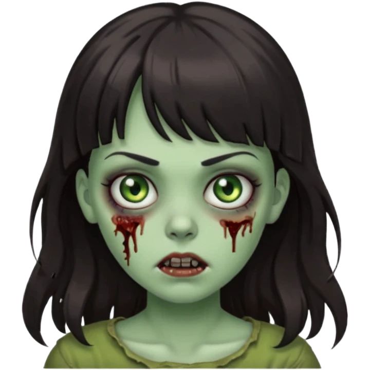 Zombie girl, with bangs above her eyebrows, her dark hair, thin eyebrows. Long hair and Wavy emoji