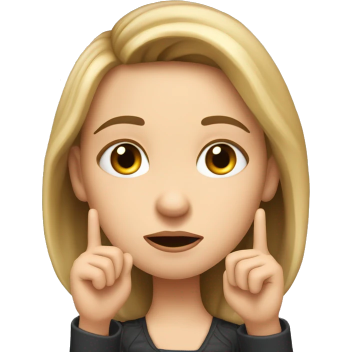 A white girl with an important face brings with two hands with an outstretched index finger to her nose, dissatisfied, two hands showing emoji