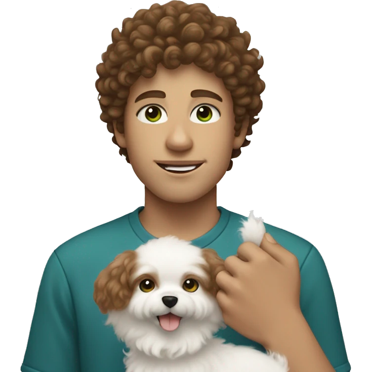 White boy with curly brown hair and blue-ish green eyes holding a small white fluffy dog emoji