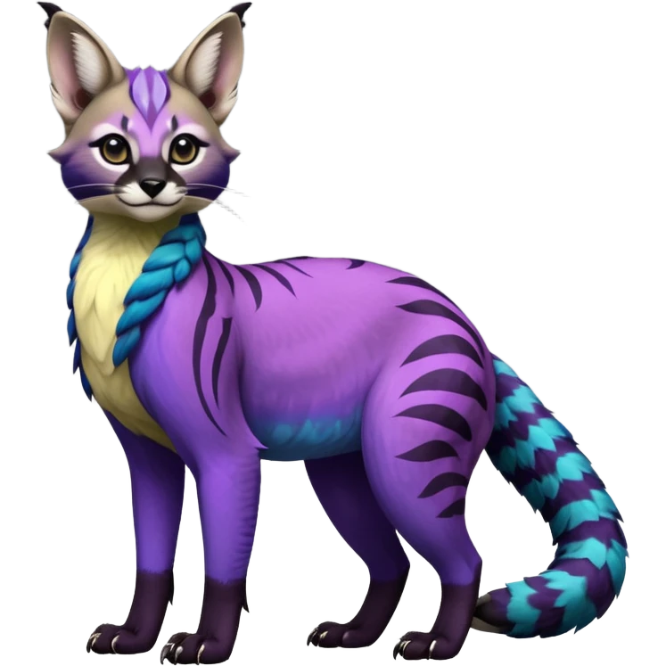 Colorful banana-cream-colored, violet-pointed, tropical tribal glorious iridescent divine exotic cute cool beautiful beautiful fantasy-caracal-civet-genet-sergal-vernid-Gryphon-Cacomistle-Trico-oncilla-animal-Fakémon-hybrid-fursona (full body) emoji