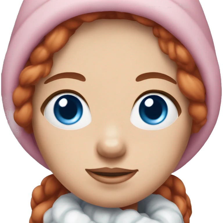 Woman with red hair, blue eyes wearing pink winter clothes holding a small white Shichon emoji