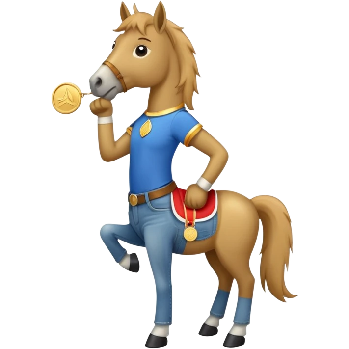 anthropomorphised horse wearing jeans, a t-shirt, and a gold medal emoji